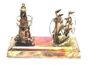 Berkley Designs Metal Tin Music Box Ship Lighthouse Beyond the Sea Display Only